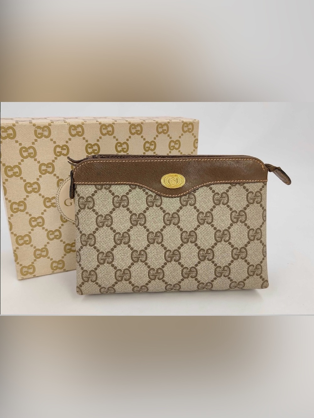 Gucci Brown and Beige GG Monogram Zip Pouch with Gold Emblem